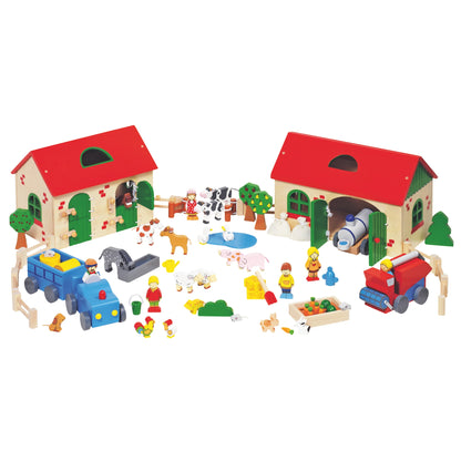 Grande ferme en bois Goki de 71 pièces avec toits rouges amovibles